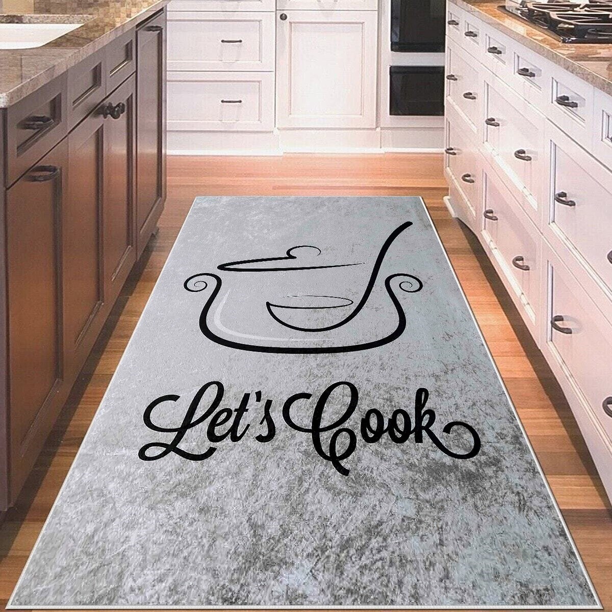Gri Let's Cook Yazılı Yıkanabilir Kaymaz Taban Leke Tutmaz Modern Salon Halısı ve Yolluk