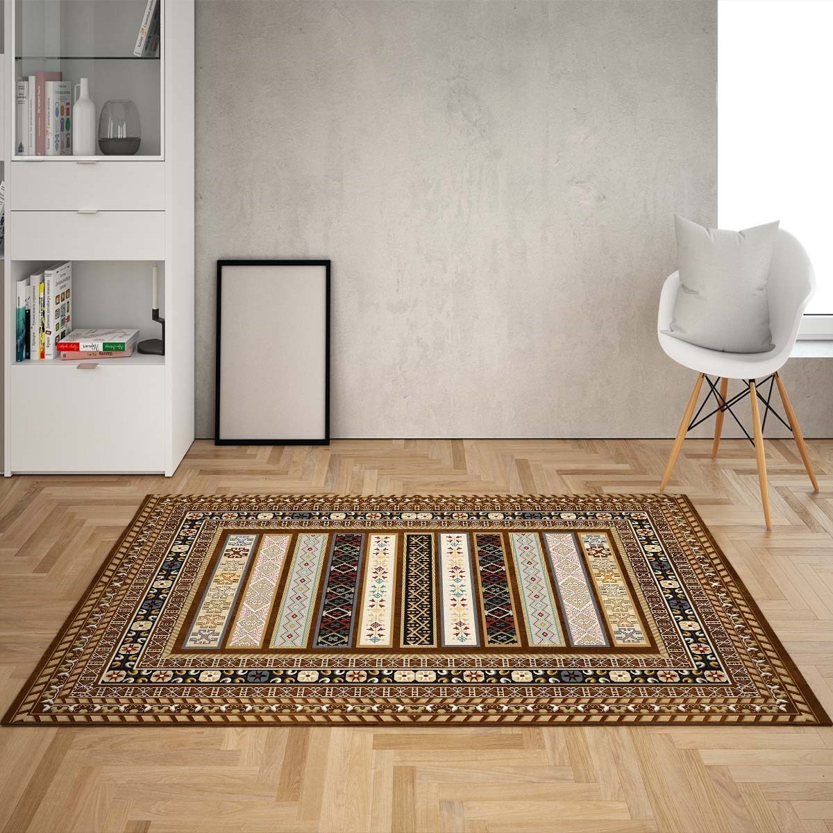 Kilim Desenli Dijital Baskı Yıkanabilir Kaymaz Taban Etnik Salon Halısı ve Yolluk(Kahve)