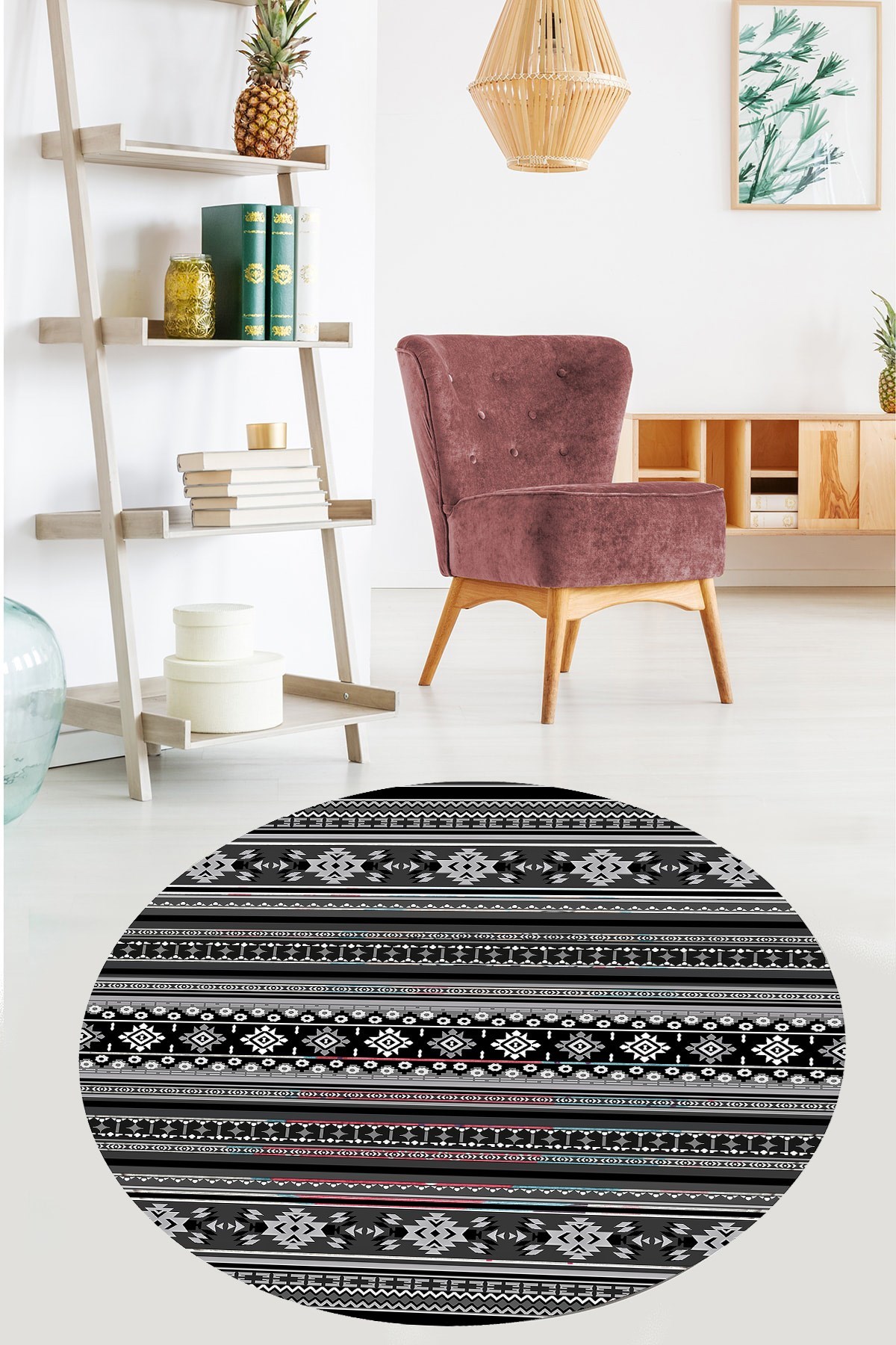 Kilim Motifler Desenli Etnik Dijital Baskı Yıkanabilir Kaymaz Taban Yuvarlak Salon Hol Halısı(Gri)