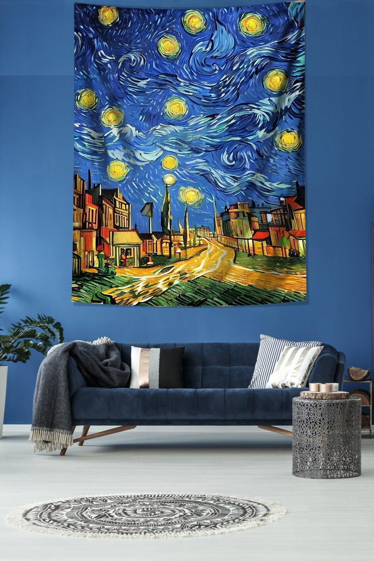 Yıldızlı Geceler Köy Evleri Van Gogh Leke Tutmaz  Kumaş Duvar Örtüsü Duvar Halısı Tapestry