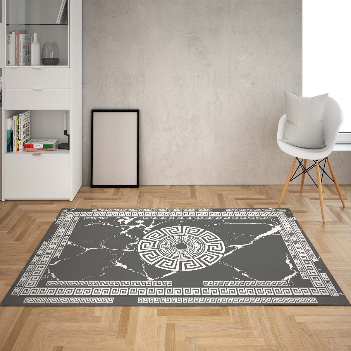 Geometrik Çerçeveli Dijital Baskı Yıkanabilir Kaymaz Taban Klasik Düz Salon Halısı ve Yolluk