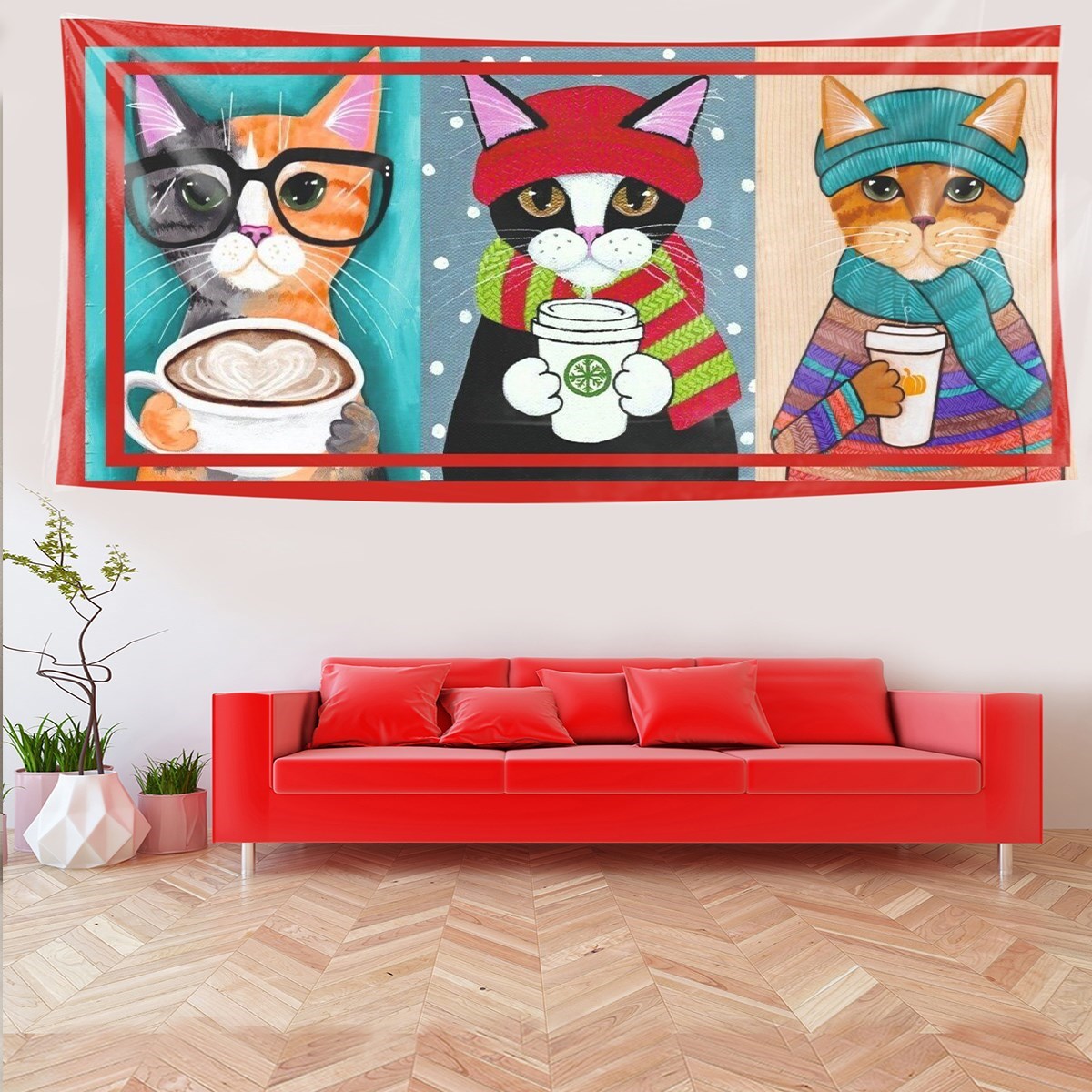 Kahve İçen Kediler Kedi Desen Leke Tutmaz Kadife Dokulu Kumaş Duvar Örtüsü Duvar Halısı Tapestry