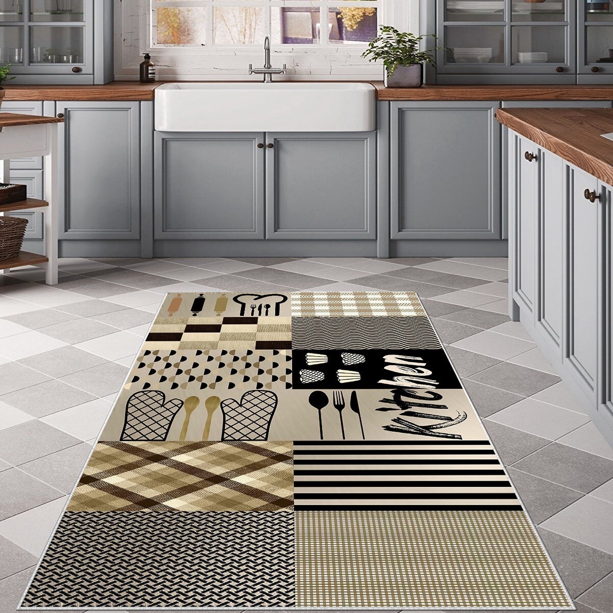 Gri Patchwork Mutfak Malzemeleri Desenli Yıkanabilir Kaymaz Taban Leke Tutmaz Modern Mutfak Halısı