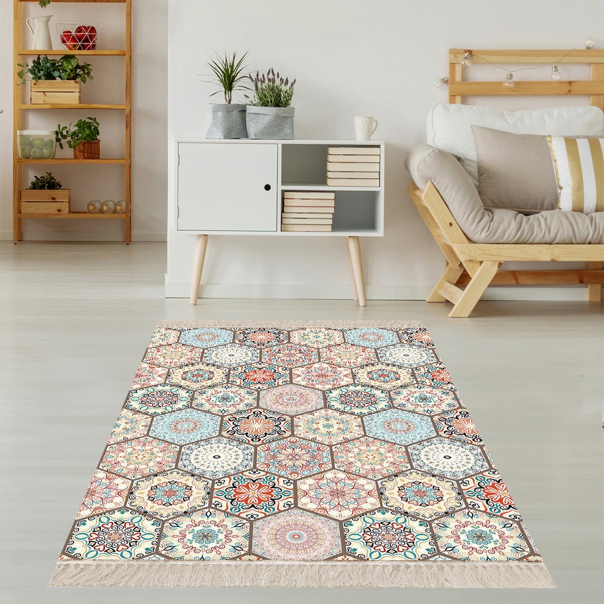 Kilim Desenli Etnik Dijital Baskı Yıkanabilir Kaymaz Taban Modern Salon Halı ve Yolluk