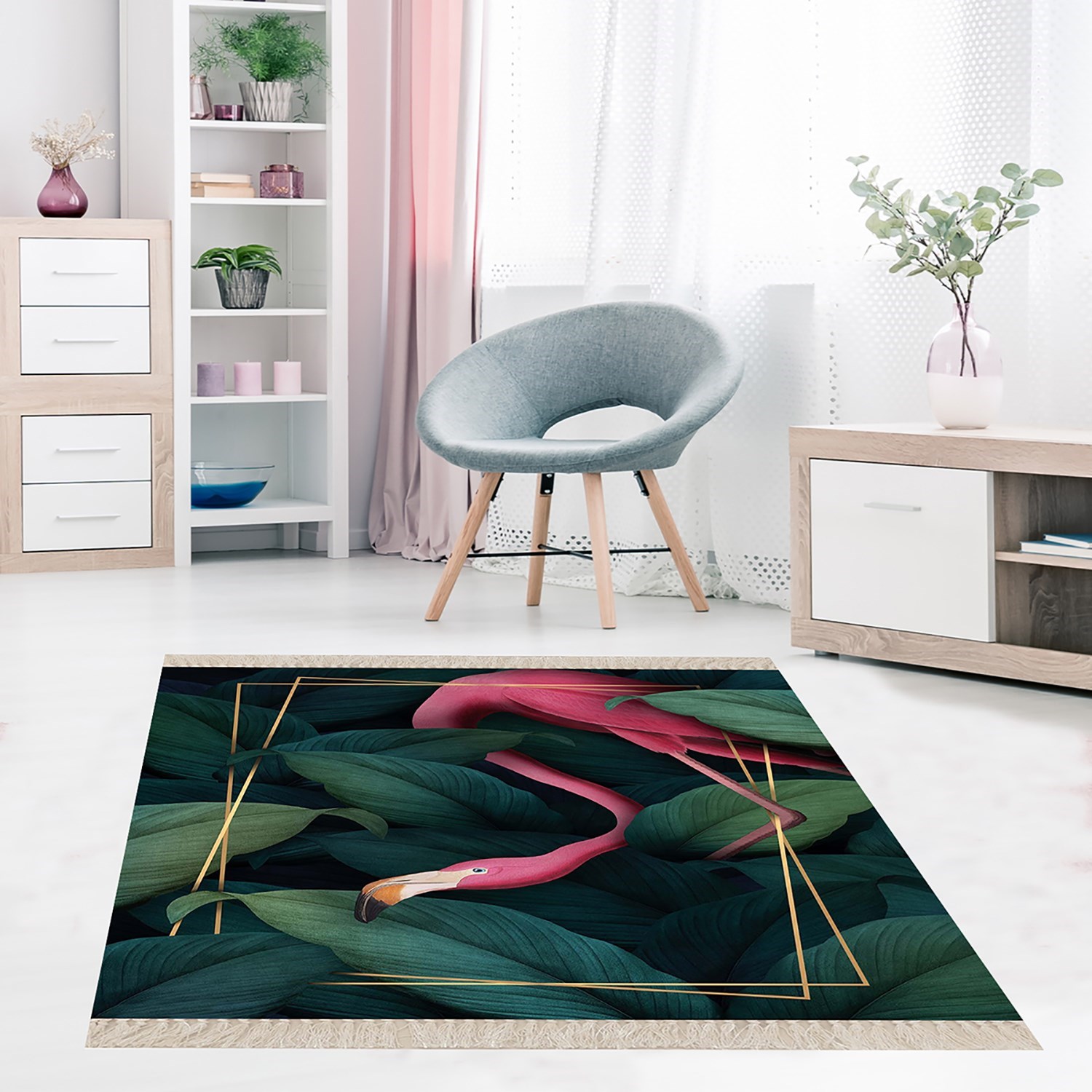 Yeşil Yaprak Flamingo Desen Gold Çerçeveli Etnik Dijital Baskı Yıkanabilir Modern Salon Halı Yolluk