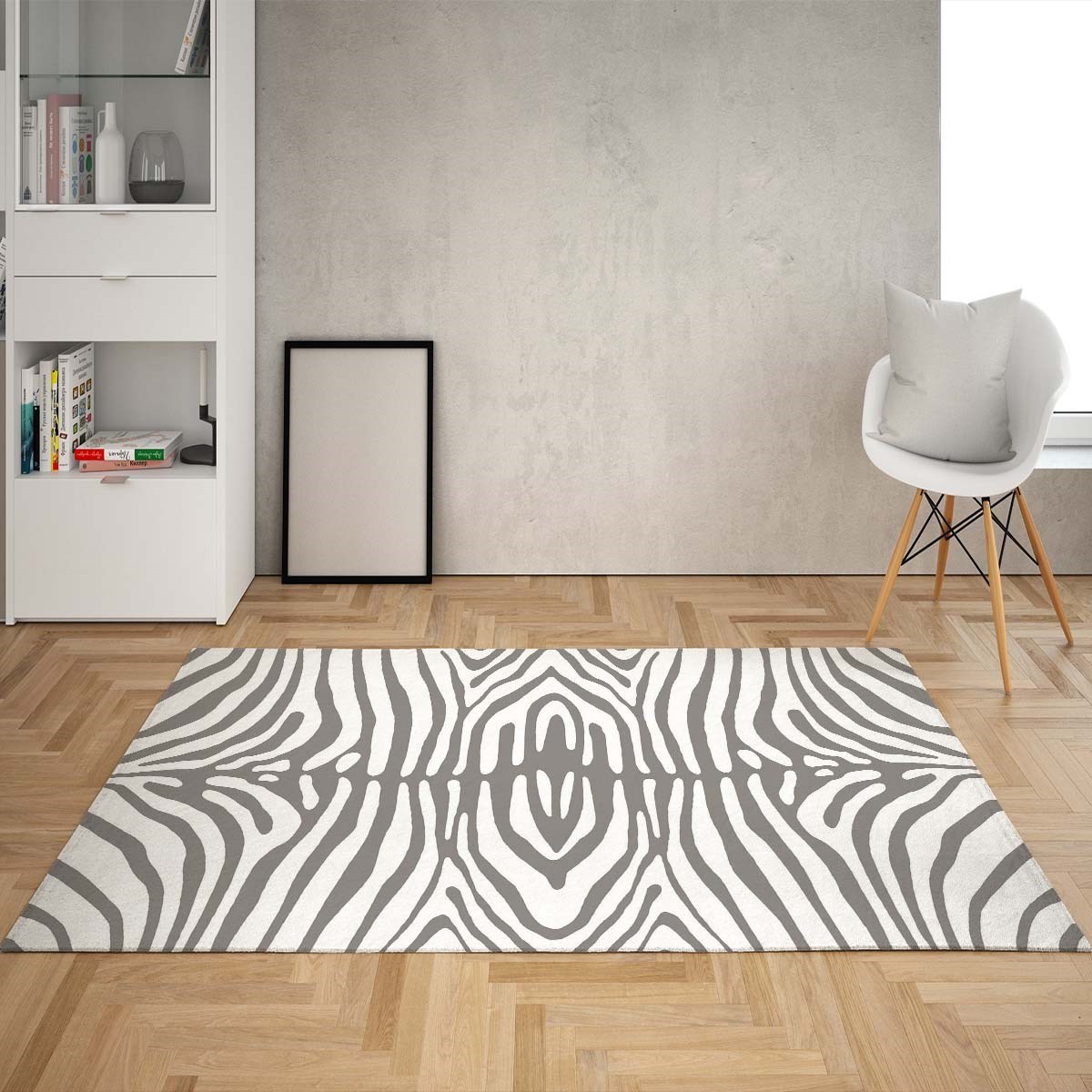 Zebra Desenli Dijital Baskı Yıkanabilir Kaymaz Taban Modern Salon Halısı (Gri)