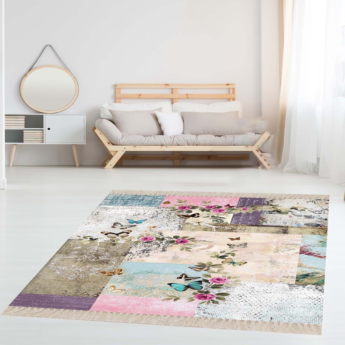 Gül ve Kelebek Kırkyama Patchwork Desenli Etnik Dijital Baskı Yıkanabilir Modern Salon Halı ve Yollu