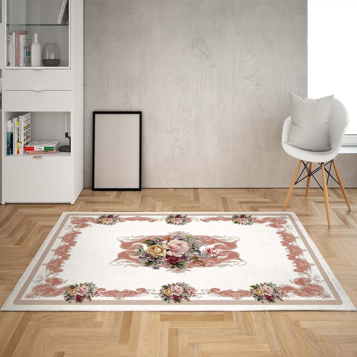 Gül Desen Çerçeveli Dijital Baskı Yıkanabilir Kaymaz Taban Vintage Salon Halısı ve Yolluk