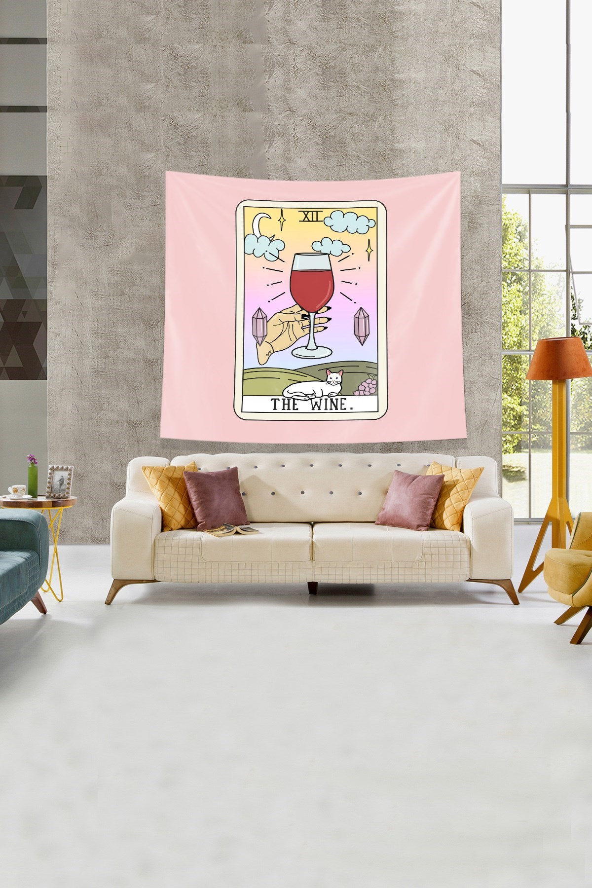 Pembe Wine Şarap Tarot Kartı Leke Tutmaz Kadife Kumaş Duvar Örtüsü Duvar Halısı Tapestry