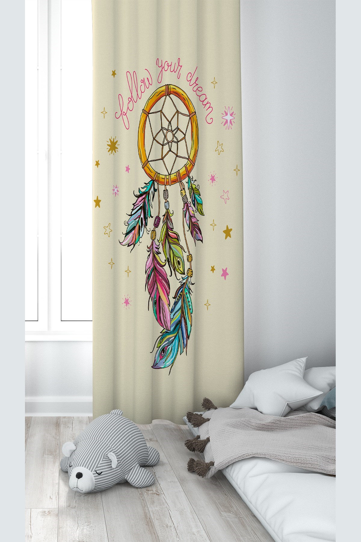 Krem Dreamcatcher Desenli Dijital Baskı Yıkanabilir Bebek Çocuk Odası Fon Perdesi