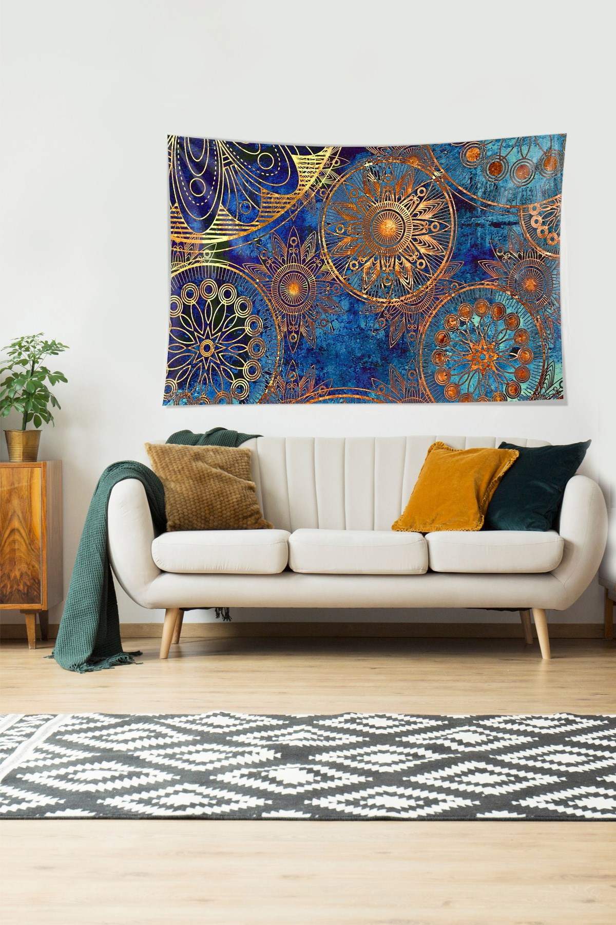 Mandala Desenli Gold Geçişli Leke Tutmaz Kadife Dokulu Kumaş Duvar Örtüsü Duvar Halısı Tapestry