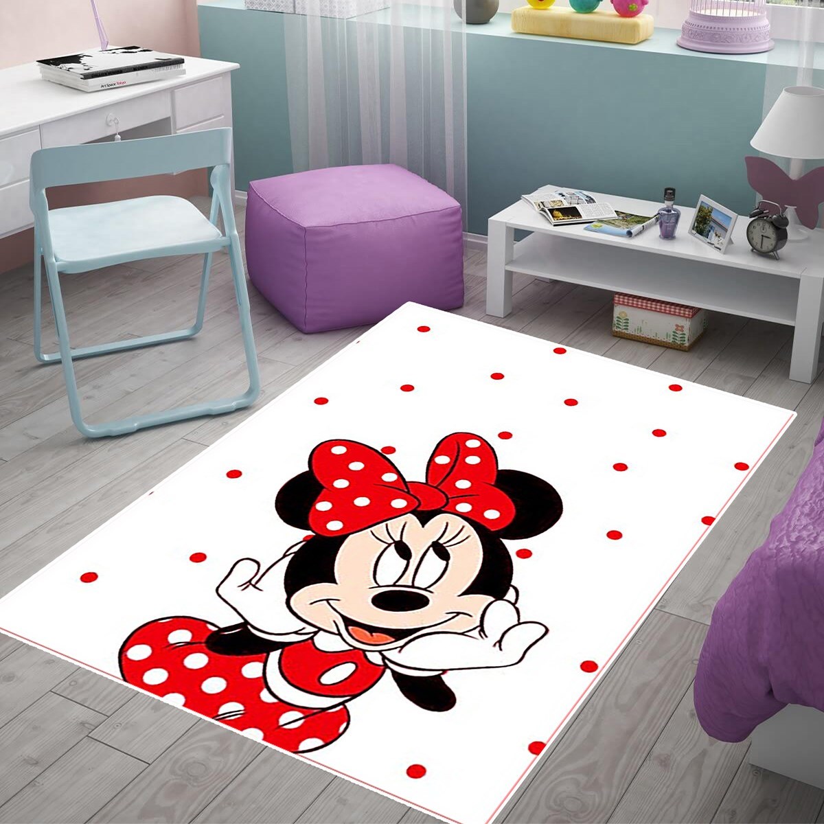 Minnie Mouse Benekli Halı Dijital Baskı Yıkanabilir Kaymaz Taban Kız Çocuk Odası Halısı