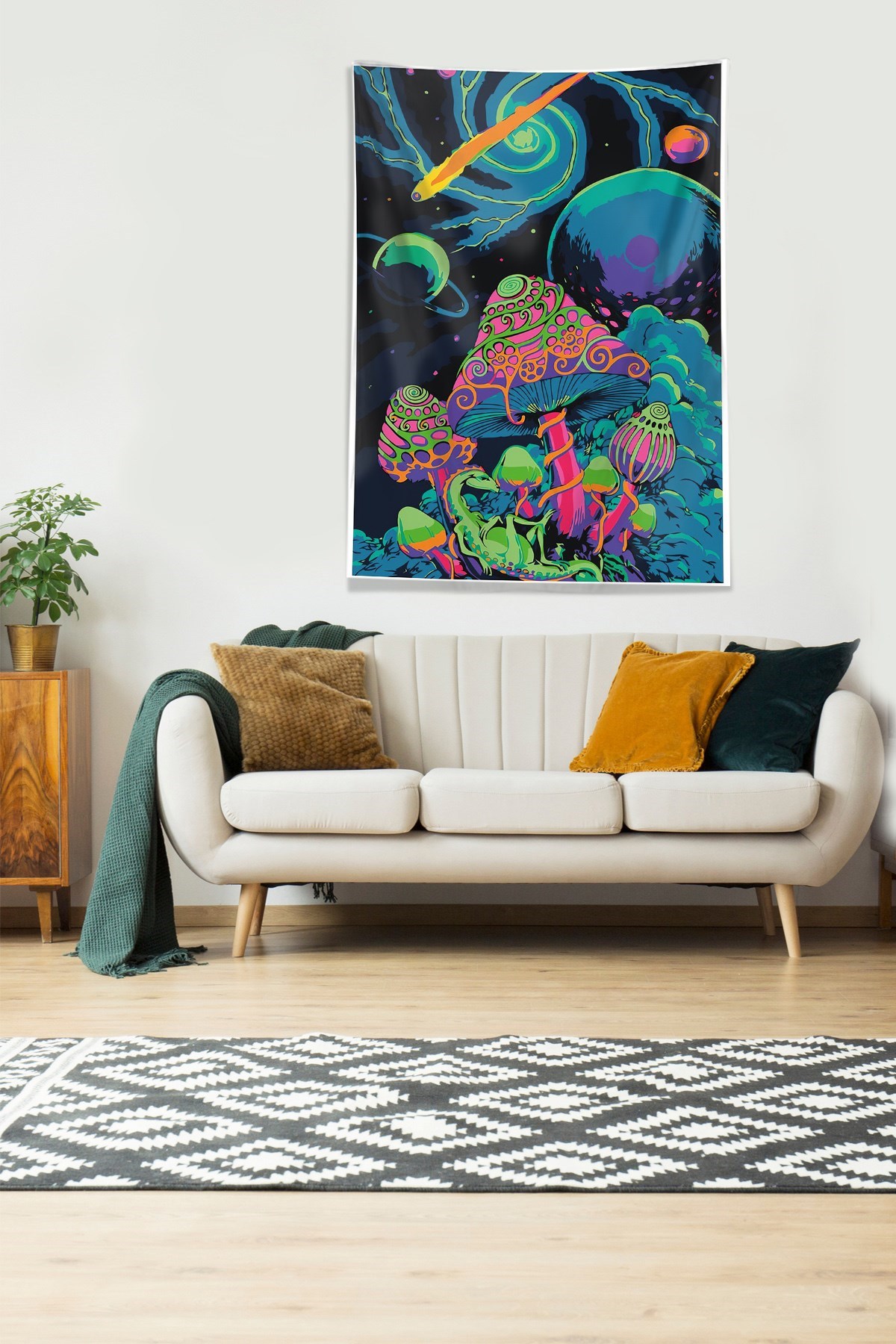 Multirenk Mushroom Mantar Leke Tutmaz Kadife Kumaş Duvar Örtüsü Duvar Halısı Tapestry