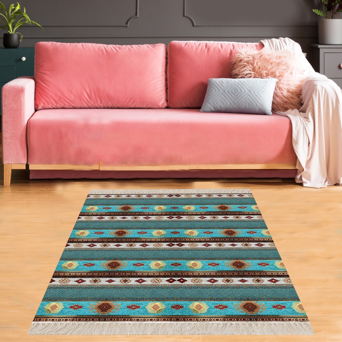 Kilim Desenli Etnik Dijital Baskı Yıkanabilir Kaymaz Taban Modern Salon Halı ve Yolluk