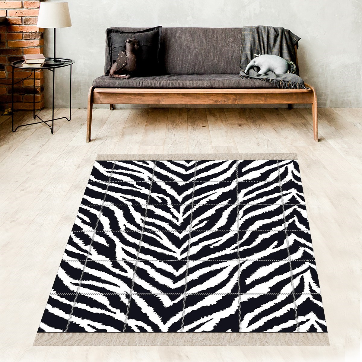 Zebra Zeminli Patchwork Desenli Dijital Baskı Yıkanabilir Kaymaz Taban Modern Salon ve Hol Halısı