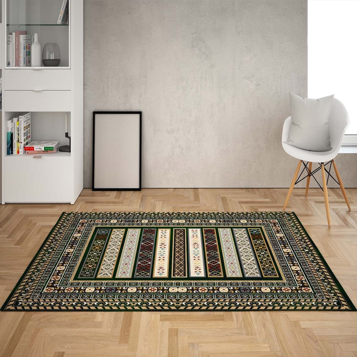 Kilim Desenli Dijital Baskı Yıkanabilir Kaymaz Taban Etnik Salon Halısı ve Yolluk(Yeşil)