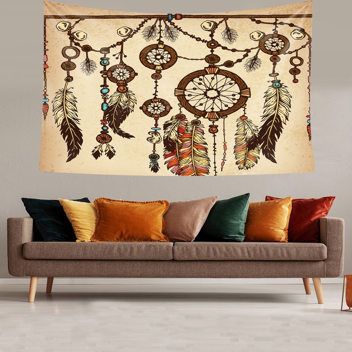 Dream Catcher Kuş Tüylü Bohem Desen Leke Tutmaz Kadife Doku Kumaş Duvar Örtüsü Duvar Halısı Tapestry