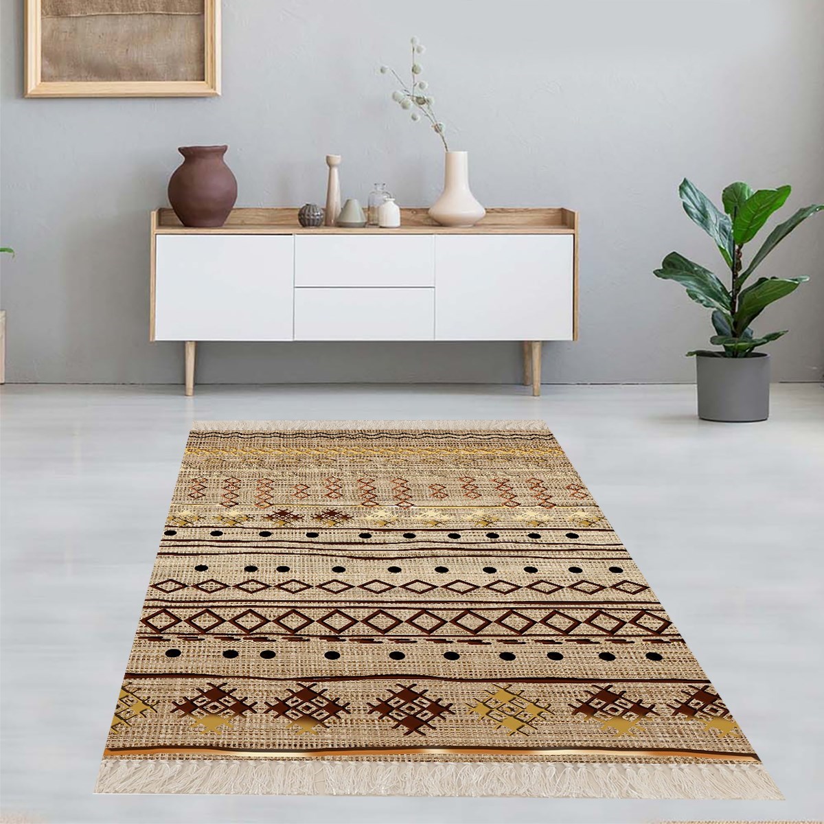 Kilim Desenli Etnik Dijital Baskı Yıkanabilir Kaymaz Taban Eskitme Salon Halı ve Yolluk