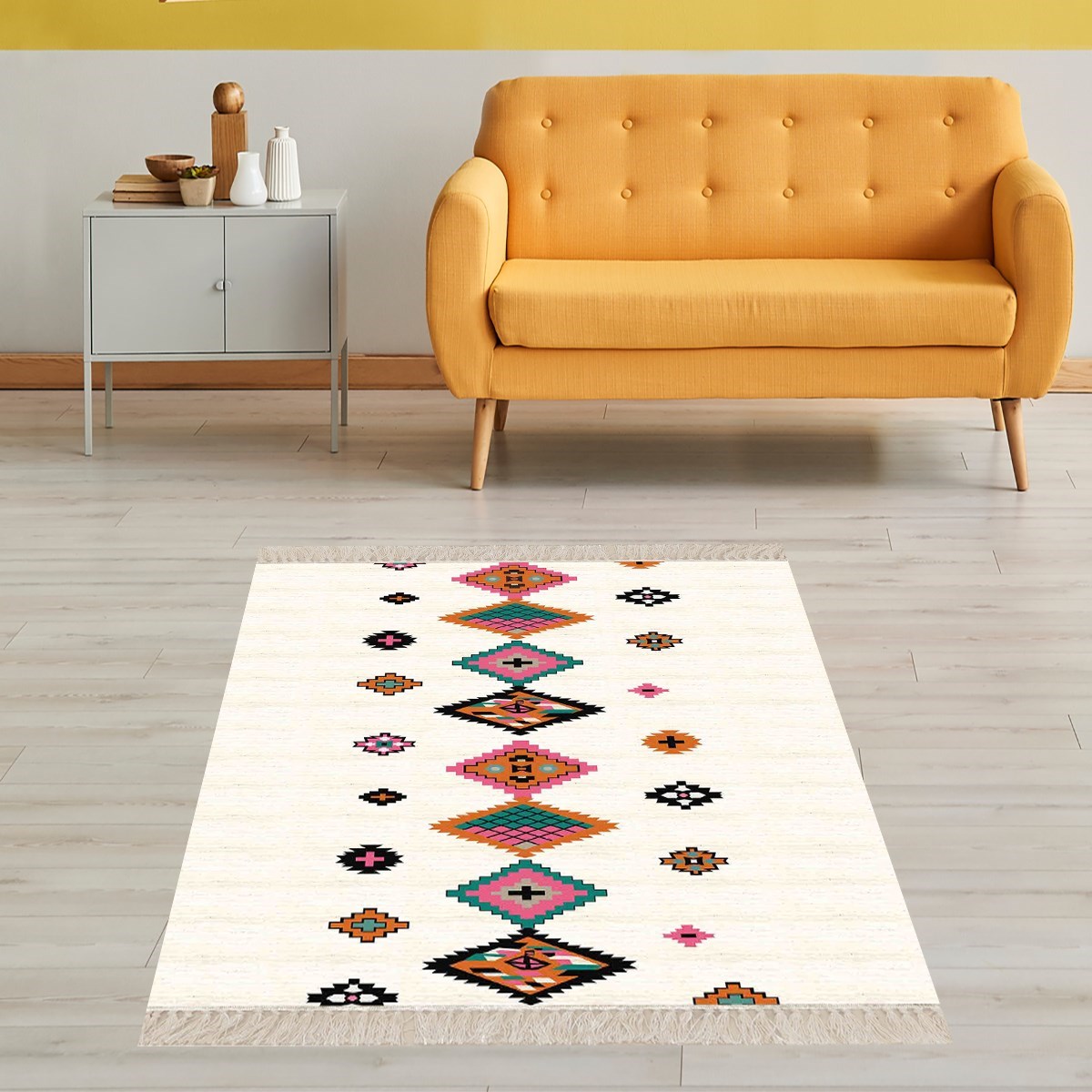 Kilim Desenli Etnik Dijital Baskı Yıkanabilir Kaymaz Taban Modern Salon Halı ve Yolluk