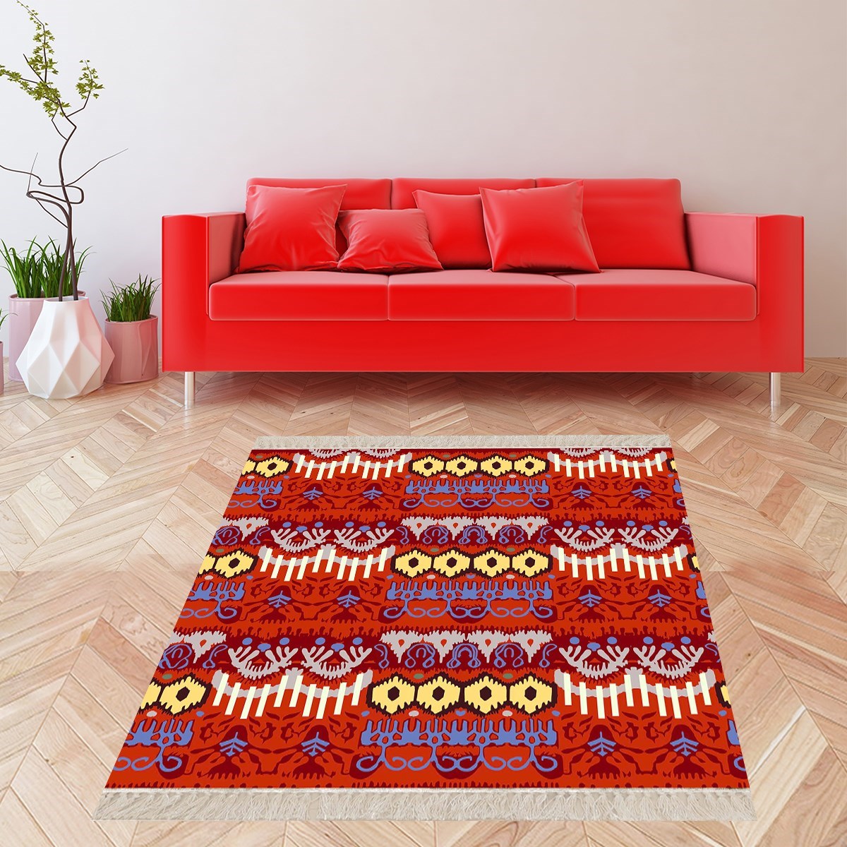 Kilim Desenli Etnik Dijital Baskı Yıkanabilir Kaymaz Taban Modern Salon Halısı ve Yolluk