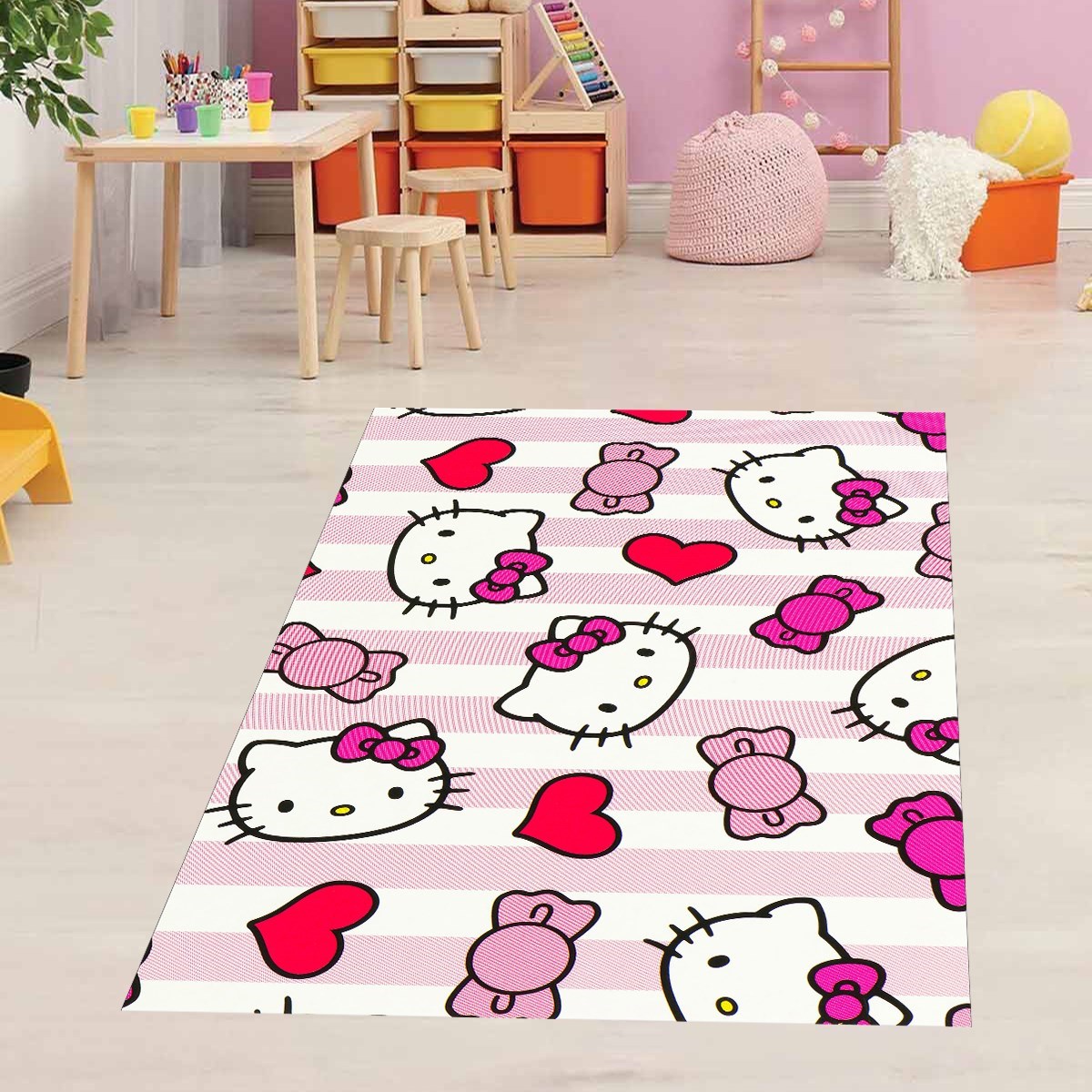 Hello Kitty Kedi Desenli Kedili Kalpli Halı Dijital Baskı Yıkanabilir Kaymaz Taban Çocuk Odası Halıs