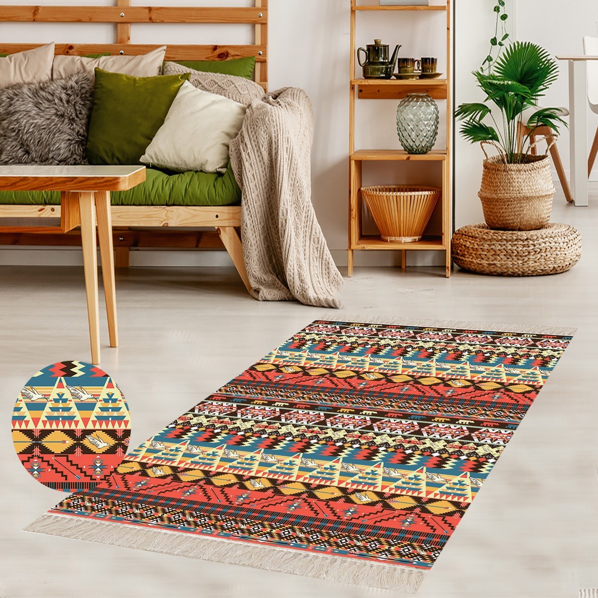 Kilim Desenli Etnik Dijital Baskı Yıkanabilir Kaymaz Taban Modern Salon Halı ve Yolluk