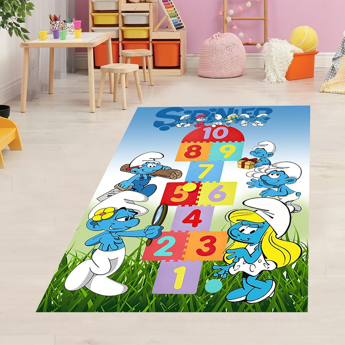 Şirinler Desenli Seksek Halı Dijital Baskı Yıkanabilir Kaymaz Taban Eğitici Halı Çocuk Odası Halısı