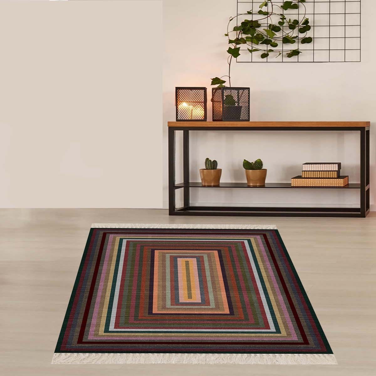 Renk Bloklu Kilim Desenli Etnik Dijital Baskı Yıkanabilir Modern Salon Halı ve Yolluk