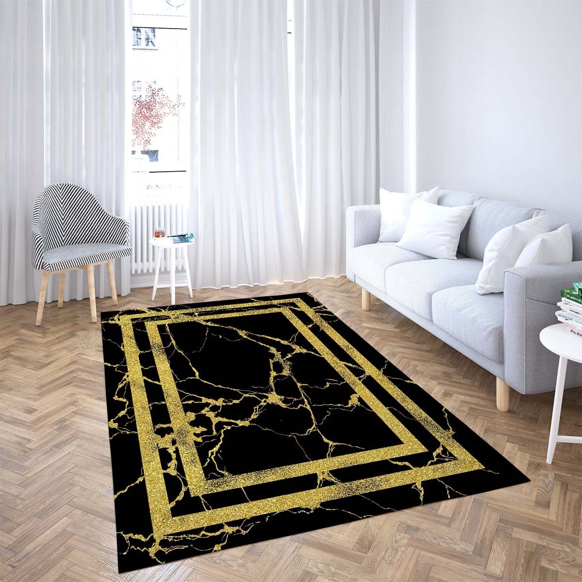 Mermer Desenli Gold Çerçeveli Dijital Baskı Yıkanabilir Kaymaz Taban Modern Salon Halı ve Yolluk