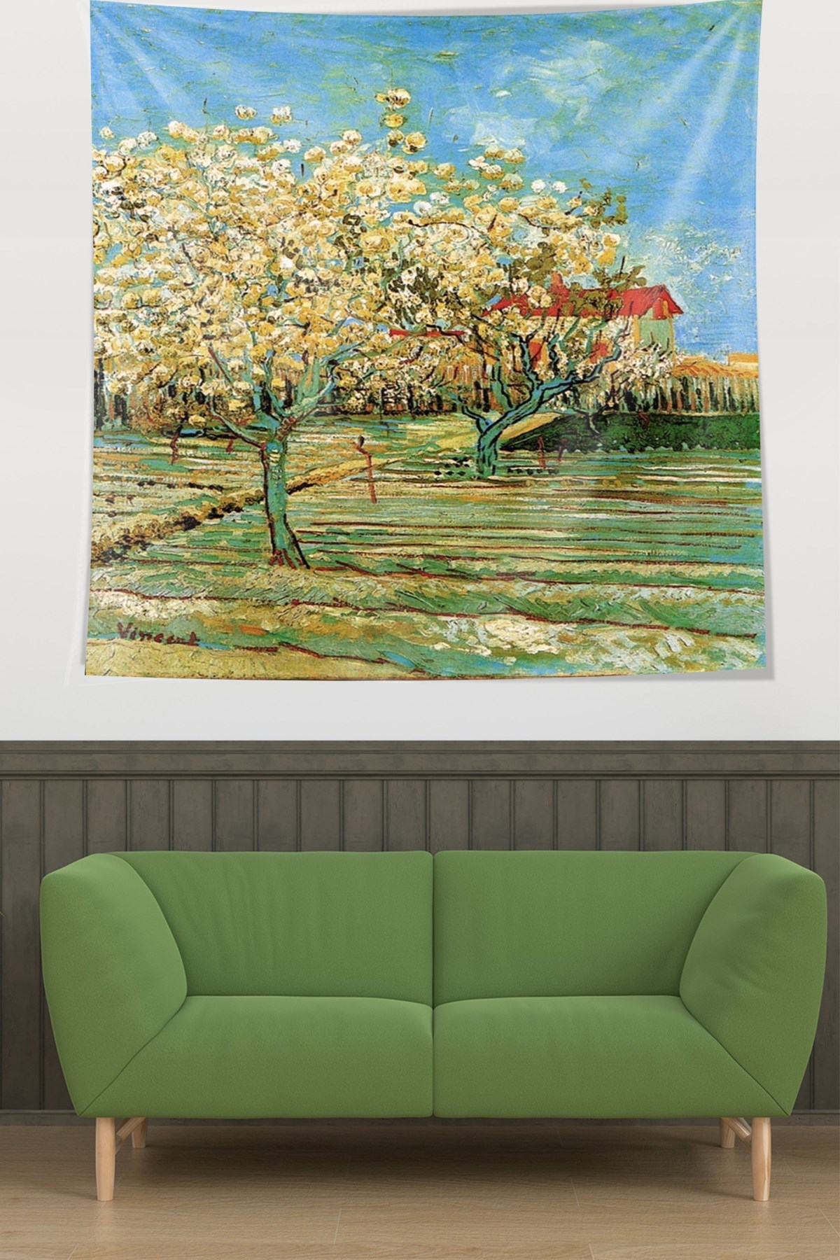 Meyve Çiçekleri Orchard in Blossom Van Gogh Leke Tutmaz  Kumaş Duvar Örtüsü Duvar Halısı Tapestry