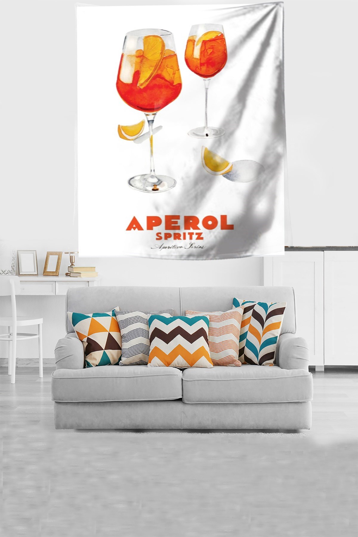 Aperol Spritz Kokteyl Desenli Leke Tutmaz Kadife Kumaş Duvar Örtüsü Duvar Halısı Tapestry