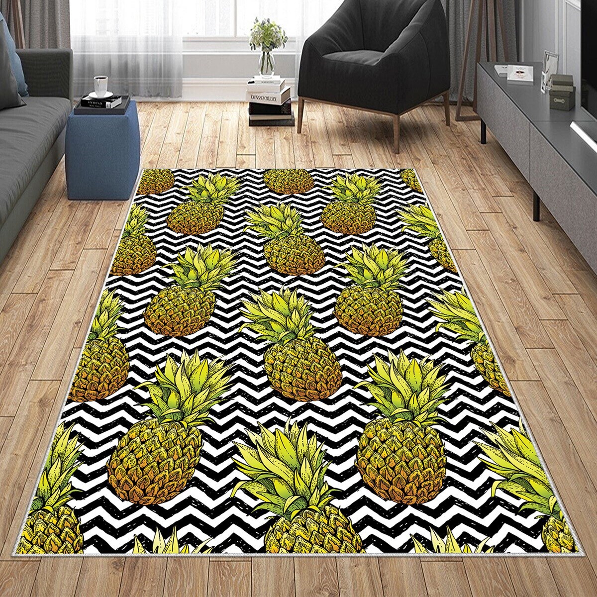 Siyah Beyaz Zigzag Ananas Desen Yıkanabilir Kaymaz Taban Leke Tutmaz Modern Salon Halısı ve Yolluk