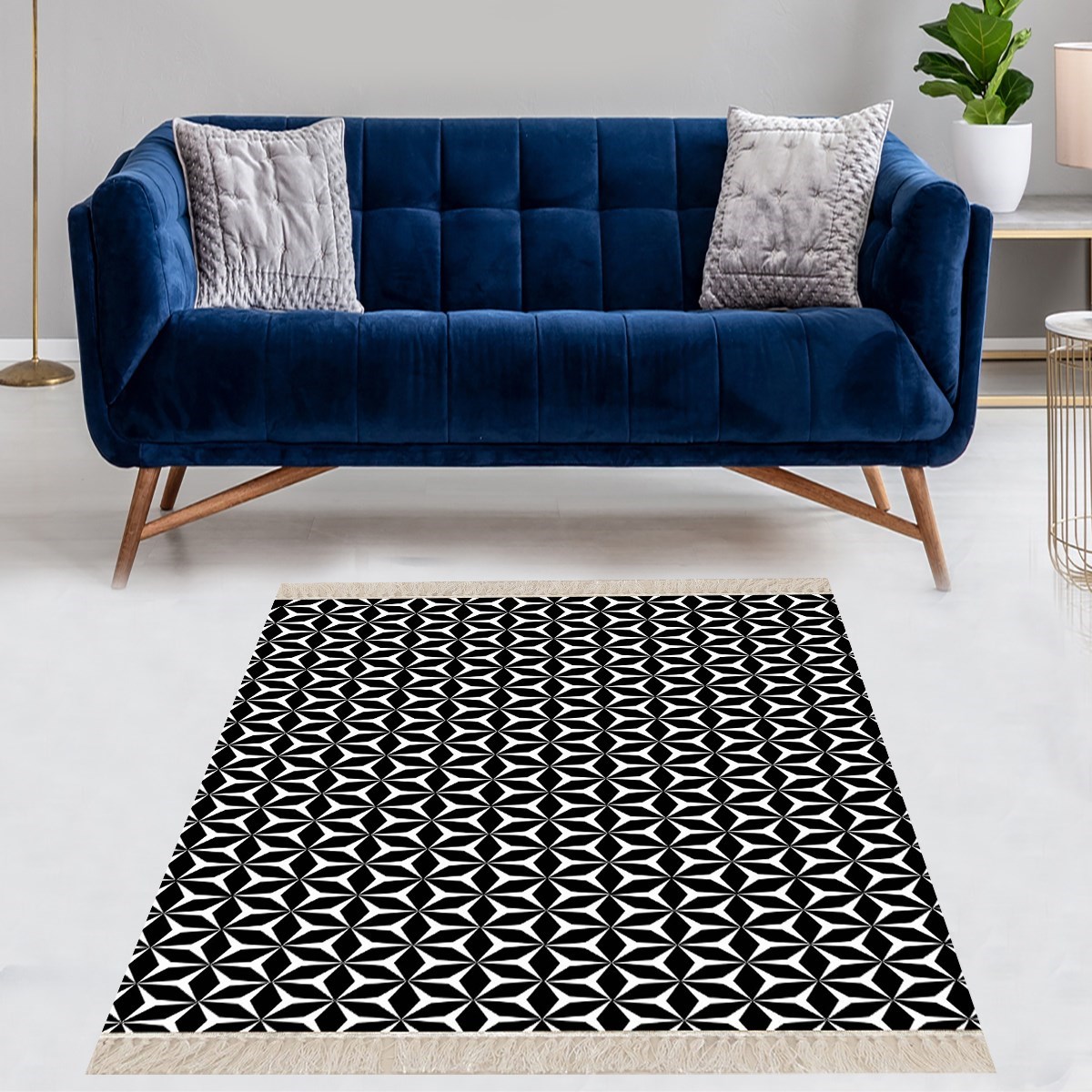 Geometrik Desenli Dijital Baskı Yıkanabilir Kaymaz Taban Modern Kilim Desen Salon Halı (Bej)