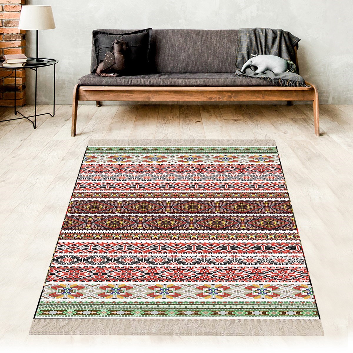 Kilim Desenli Renkli Dijital Baskı Yıkanabilir Kaymaz Taban Leke Tutmaz Etnik Salon Halısı ve Yolluk