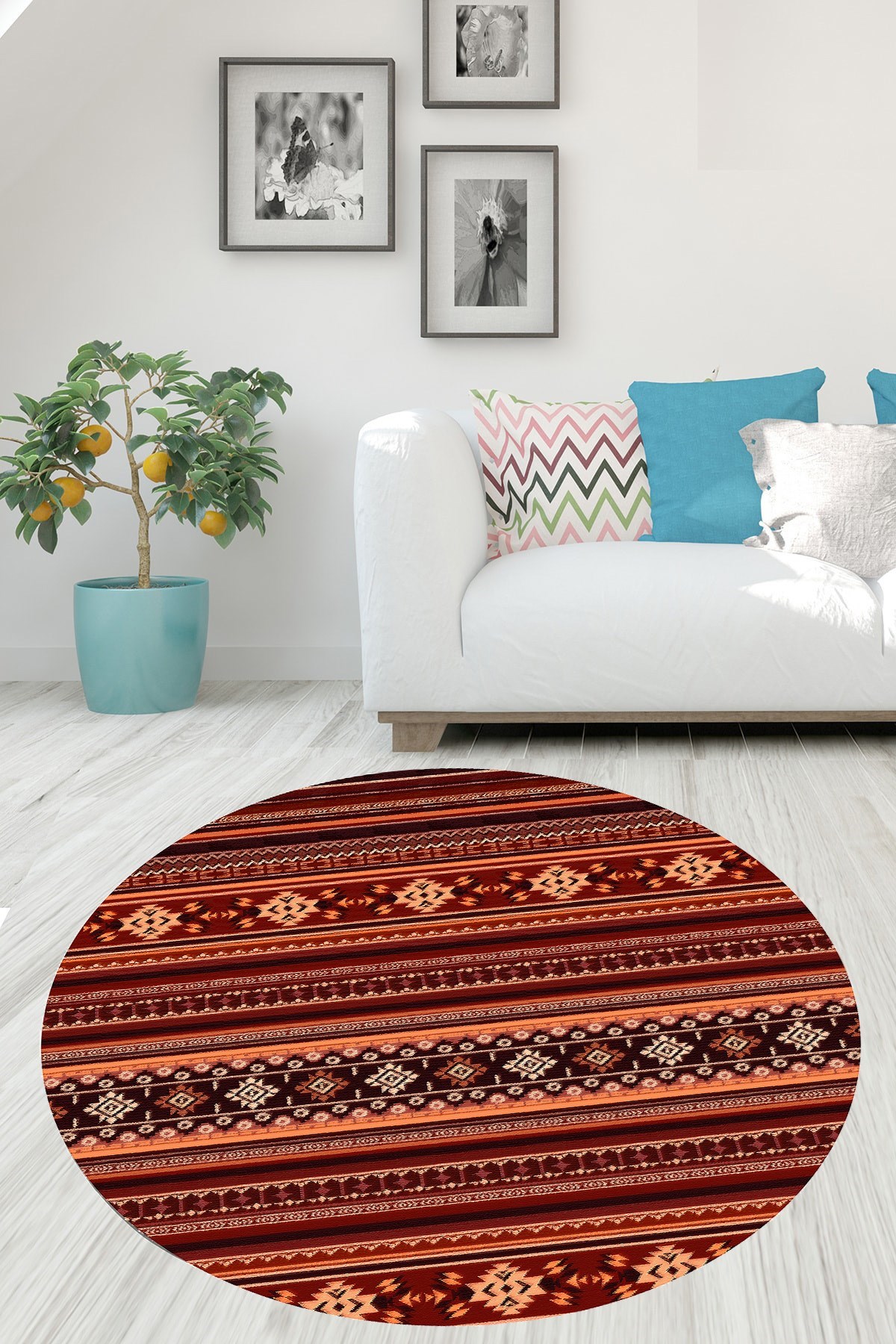 Kilim Motifler Desenli Etnik Dijital Baskı Yıkanabilir Kaymaz Taban Yuvarlak Salon ve Hol Halısı