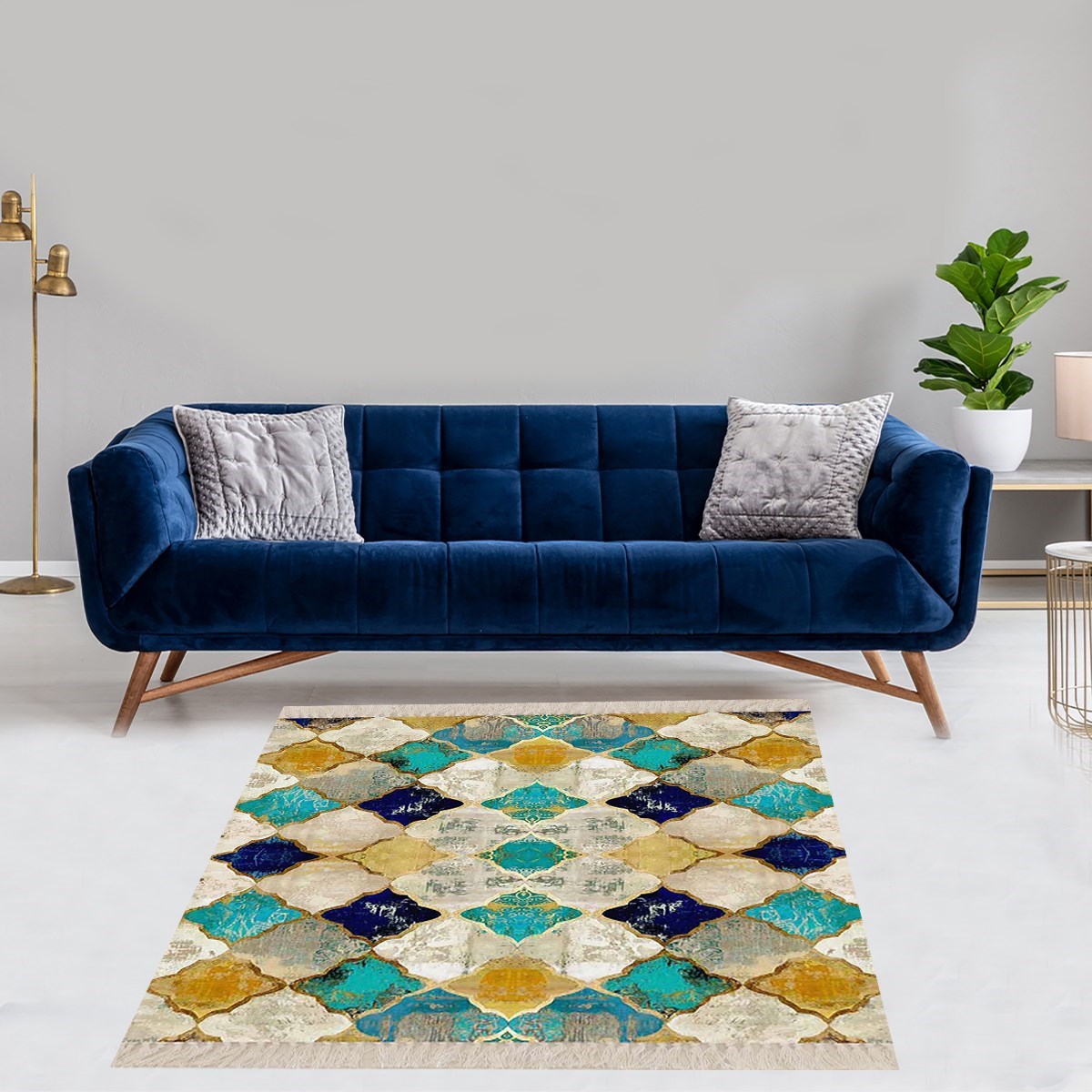 Geometrik Desenli Osmanlı Motif Dijital Baskı Yıkanabilir Kaymaz Taban Kilim Model Salon Halısı