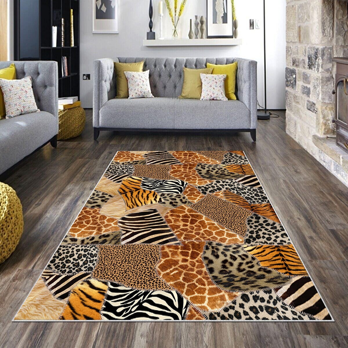 Kahverengi Patchwork Leopar Desen Yıkanabilir Kaymaz Taban Leke Tutmaz Modern Salon Halısı ve Yolluk