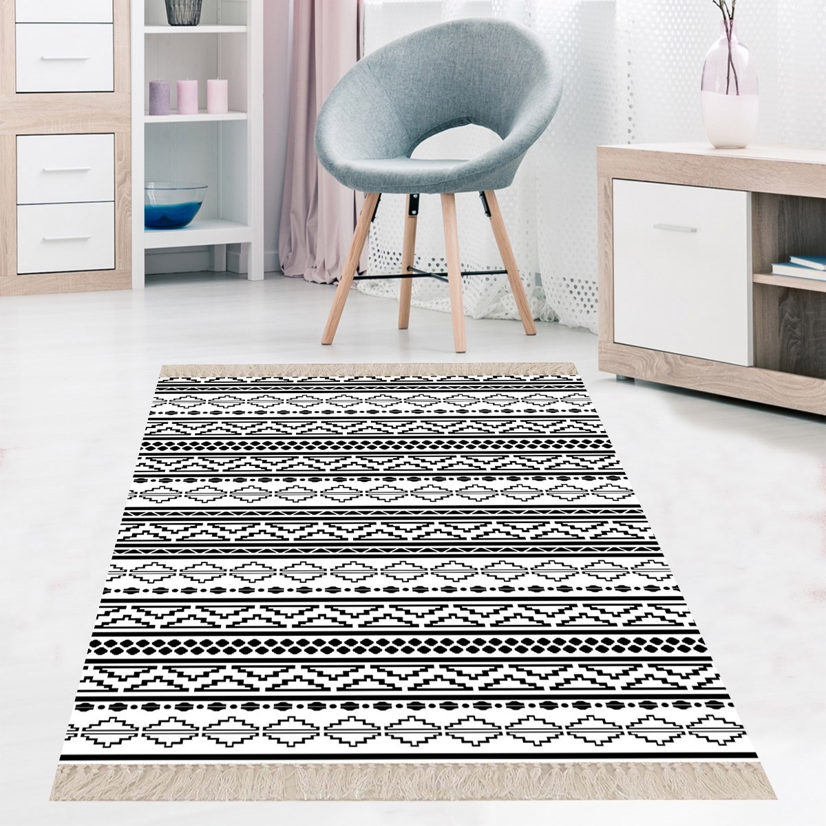 Geometrik Çizgi Desenli Dijital Baskı Yıkanabilir Kaymaz Taban Etnik Kilim Desen Salon Halı