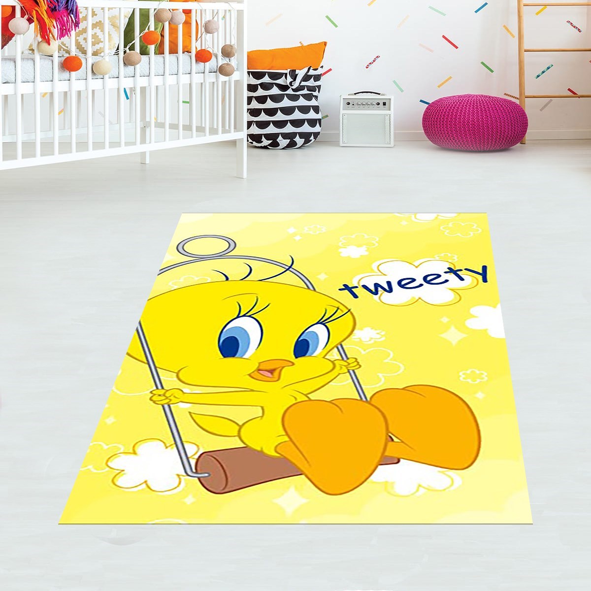 Tweety Kuş Desenli Dijital Baskı Yıkanabilir Kaymaz Taban Leke Tutmaz Çocuk ve Bebek Odası Halısı