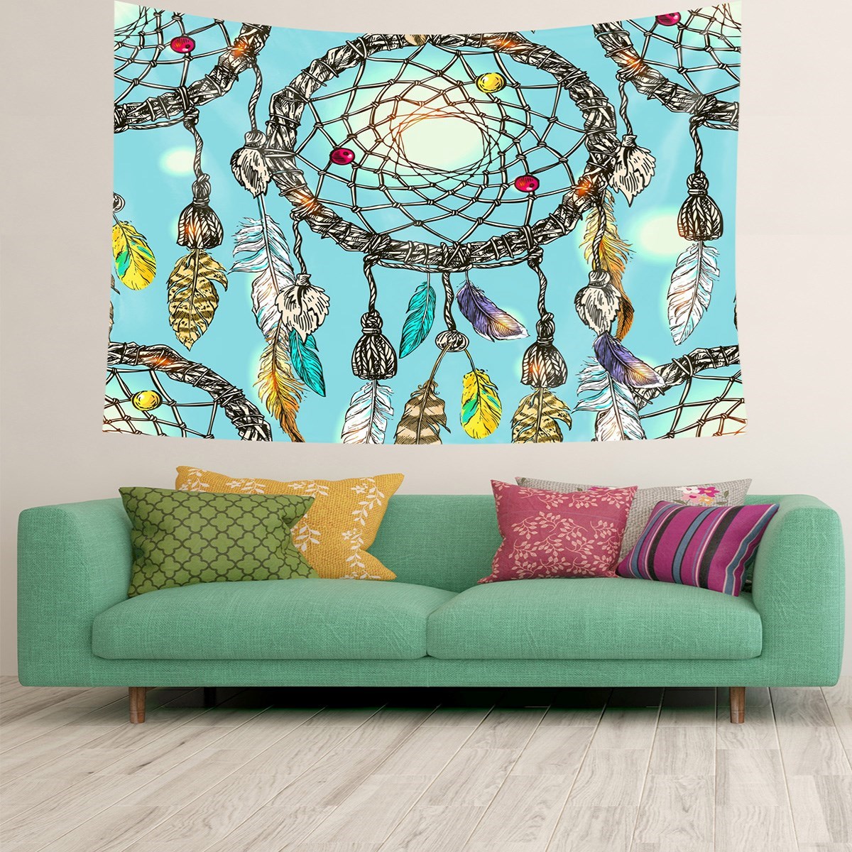 Dream Catcher Kuş Tüylü Bohem Desen Leke Tutmaz Kadife Doku Kumaş Duvar Örtüsü Duvar Halısı Tapestry