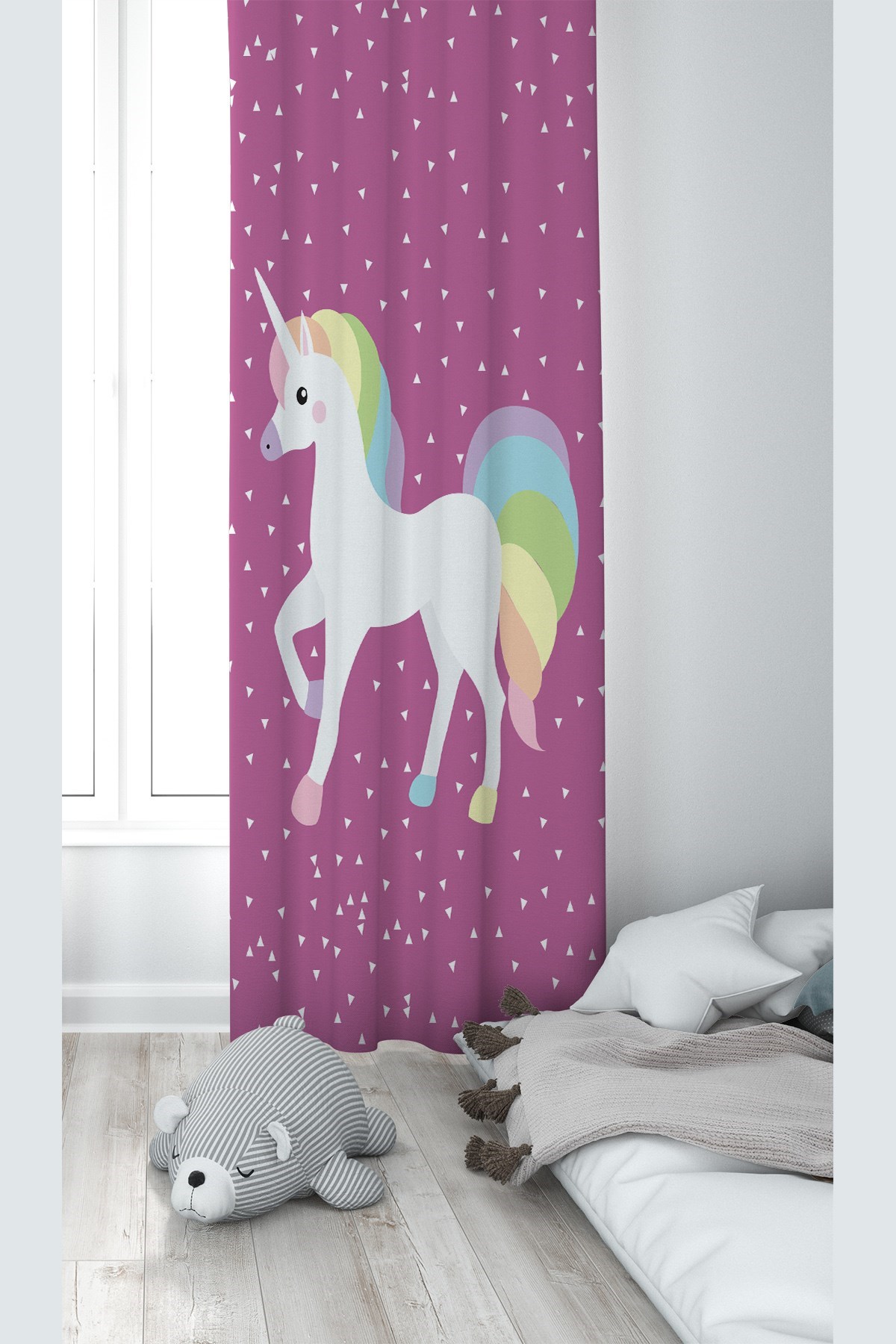 Pembe Unicorn Desenli Dijital Baskı Yıkanabilir Bebek Çocuk Odası Fon Perdesi