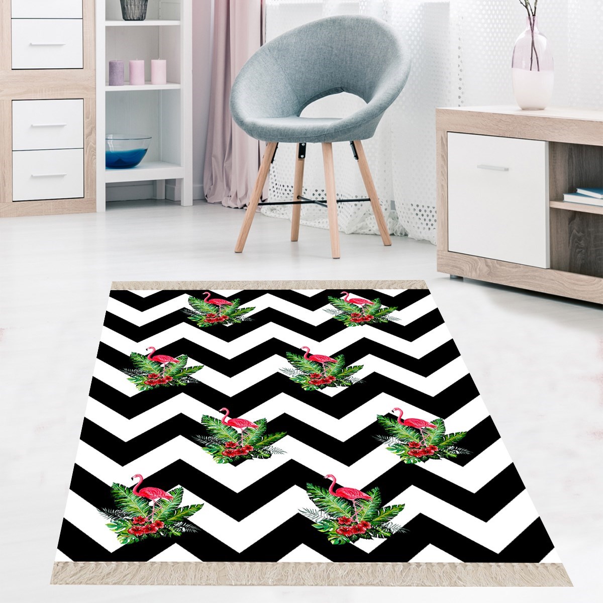 Flamingo Zigzag Desenli Modern Dijital Baskı Yıkanabilir Kaymaz Taban Salon Halı ve Yolluk