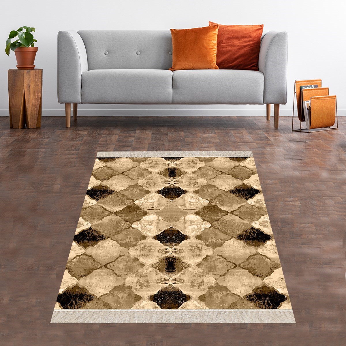 Geometrik Karo Desenli Dijital Baskı Yıkanabilir Kaymaz Taban Etnik Kilim Desen Salon Halı