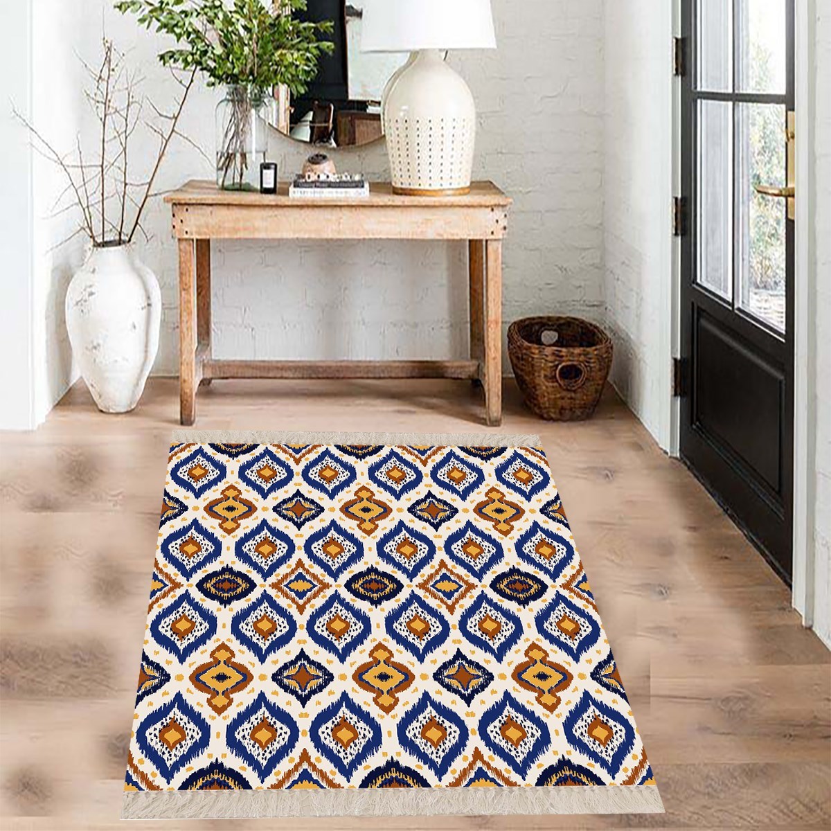 Geometrik Desenli Renkli Dijital Baskı Yıkanabilir Kaymaz Taban Etnik Kilim Model Salon Halısı