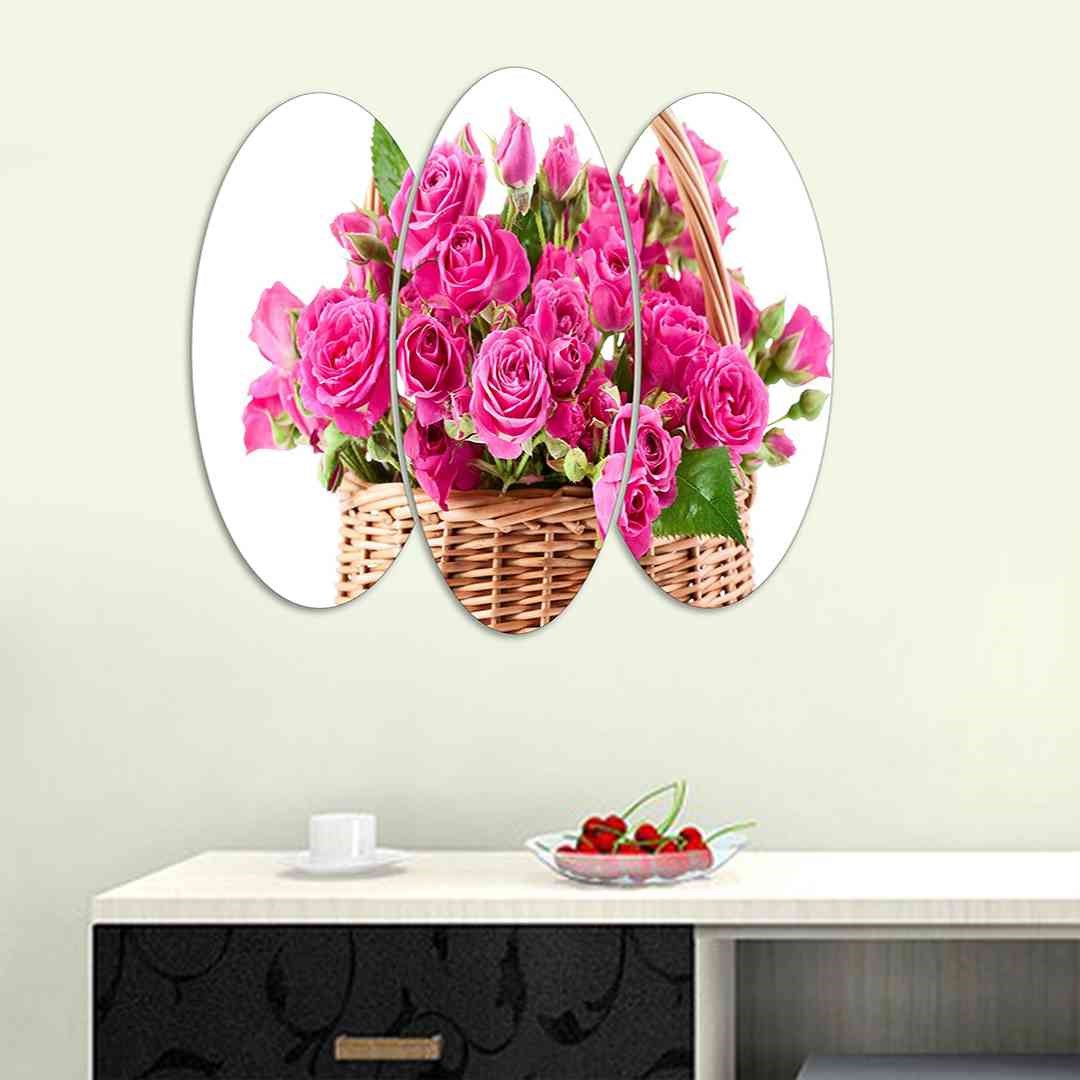 3 Parça Pembe Gül Sepeti Mdf Tablo  - T-3Dikey-107  19X40