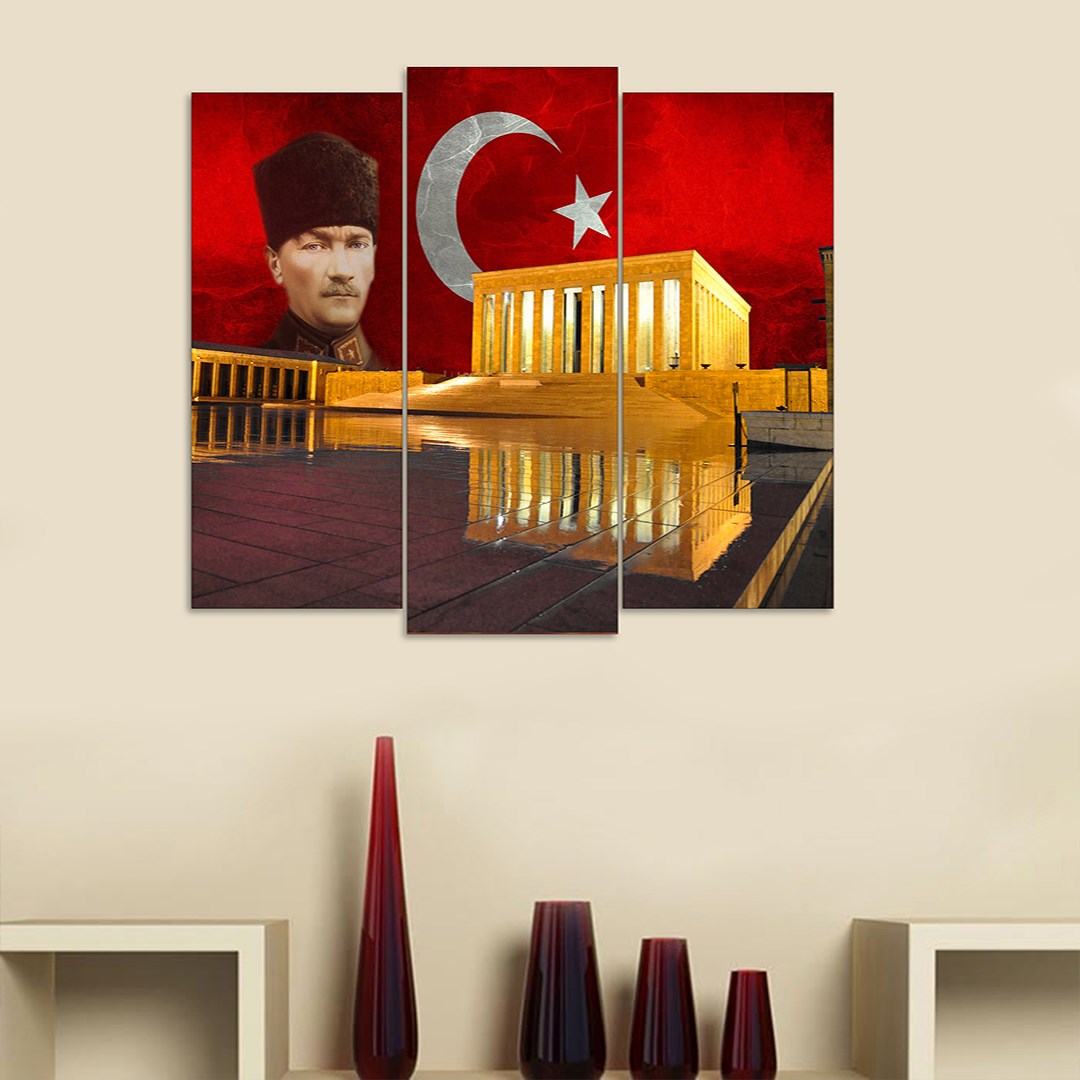 3 Parça Türk Bayrağı Atatürk Mdf Tablo  - T-3Dikey-68  19X40