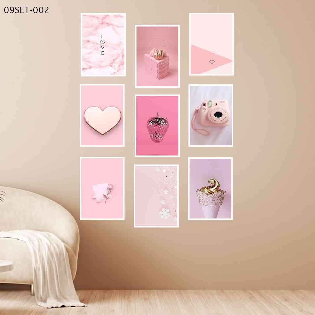 9lu Çerçeve Görünümlü Pembe Love Kalpler  - 9set-002  15x20