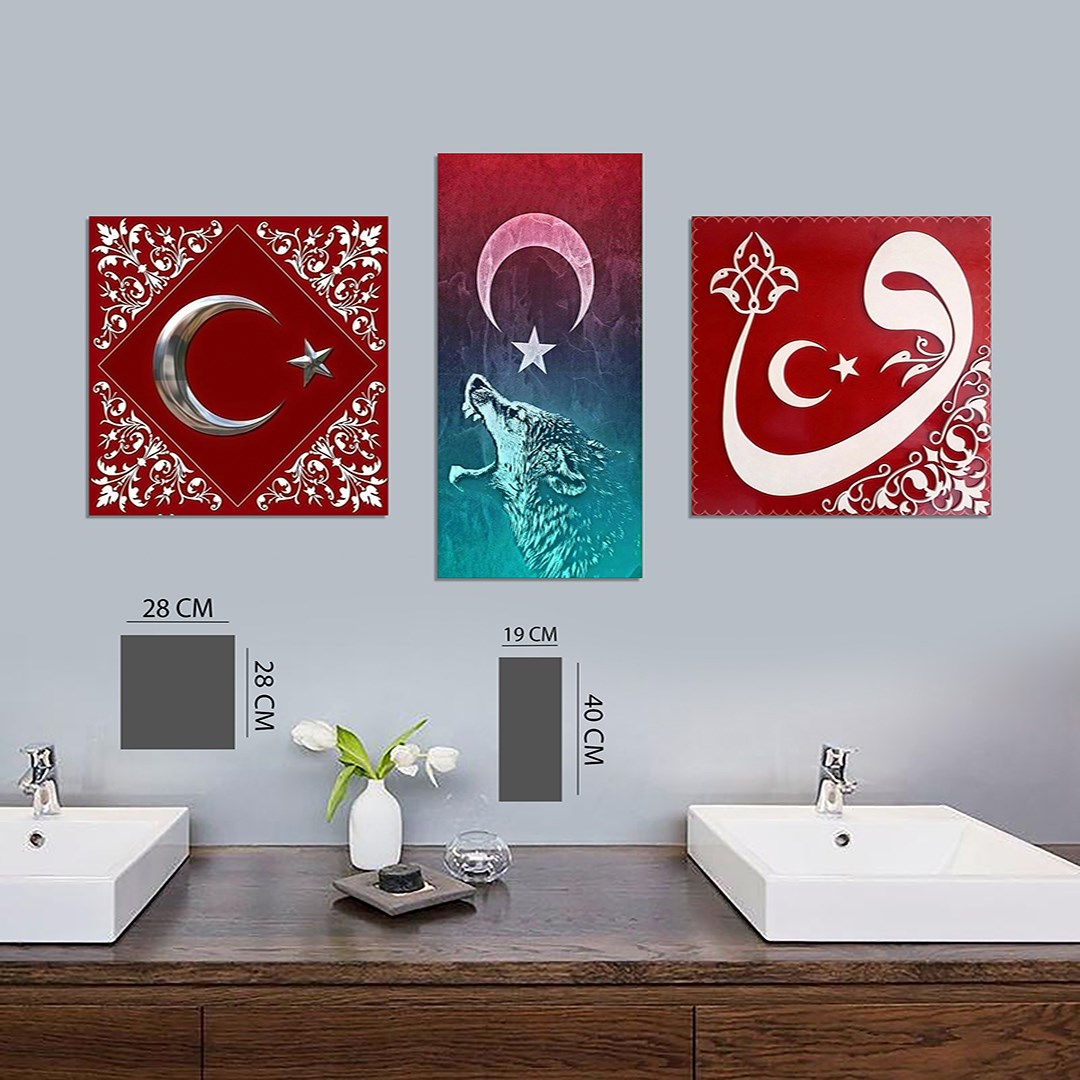 3 Parça Türk Bayrağı Mdf Tablo  - 3Yatay-547  30X40