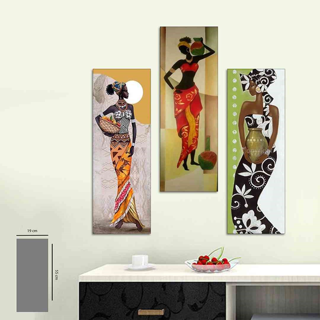 3 Parça İllüstrasyon Afrikalı Kadınlar Mdf Tablo - 3Dikey-10-T  20X60