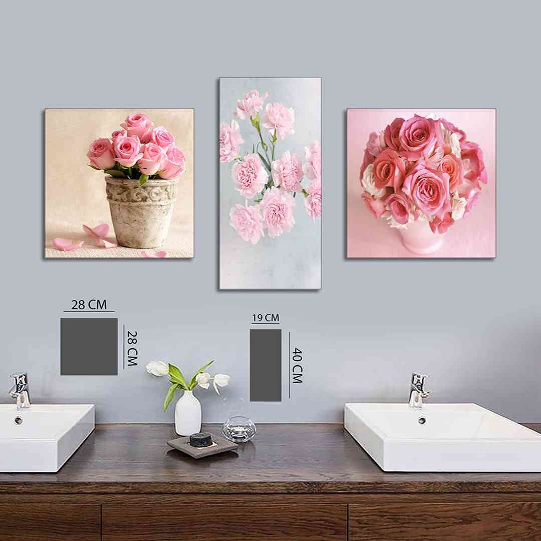 3 Parça Pembe Gül Demeti Mdf Tablo  - 3Yatay-523  30X40